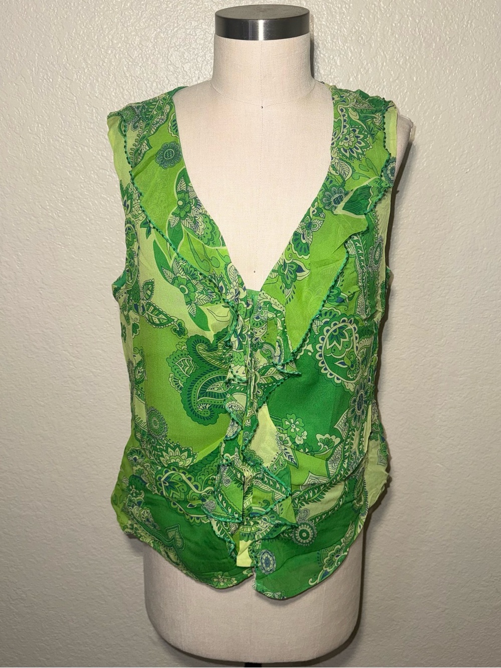 Bob Mackie Studio 100% Silk Paisley Ruffle Boho Cottagecore Sleeveless Blouse 10